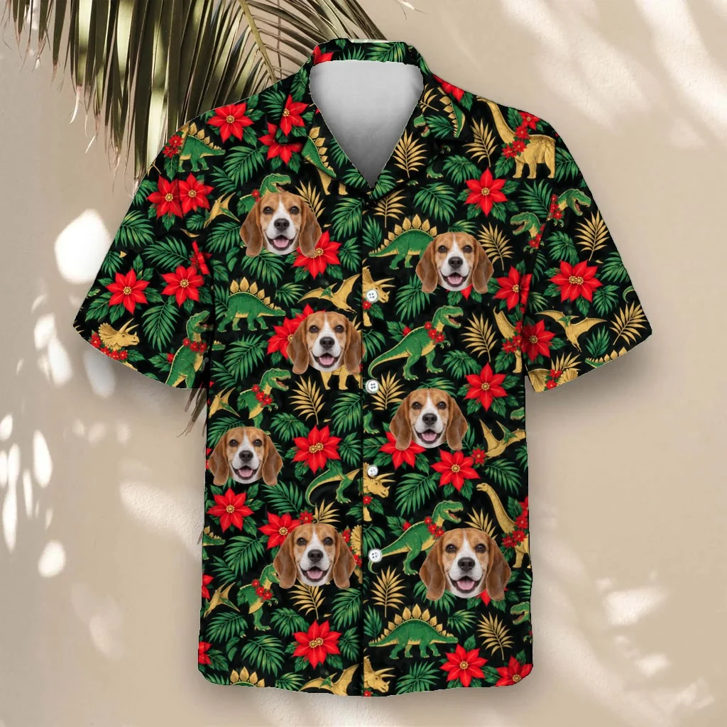 Tropical Dino Christmas Hawaiian Shirt with custom pet faces Tropical Dino Christmas Hawaiian Shirt with custom pet faces