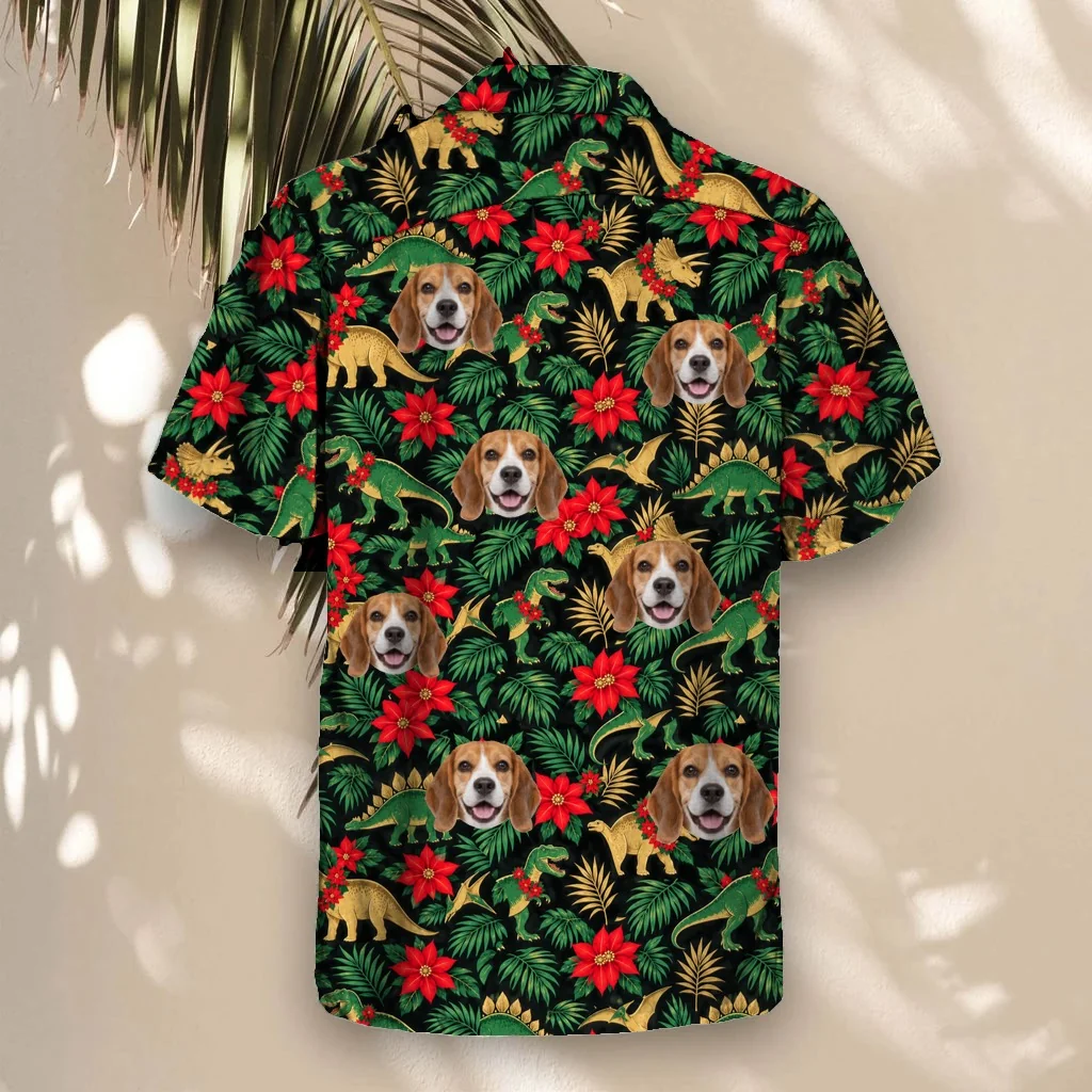 Back of the Tropical Dino Christmas Hawaiian Shirt with custom pet faces Back of the Tropical Dino Christmas Hawaiian Shirt with custom pet faces