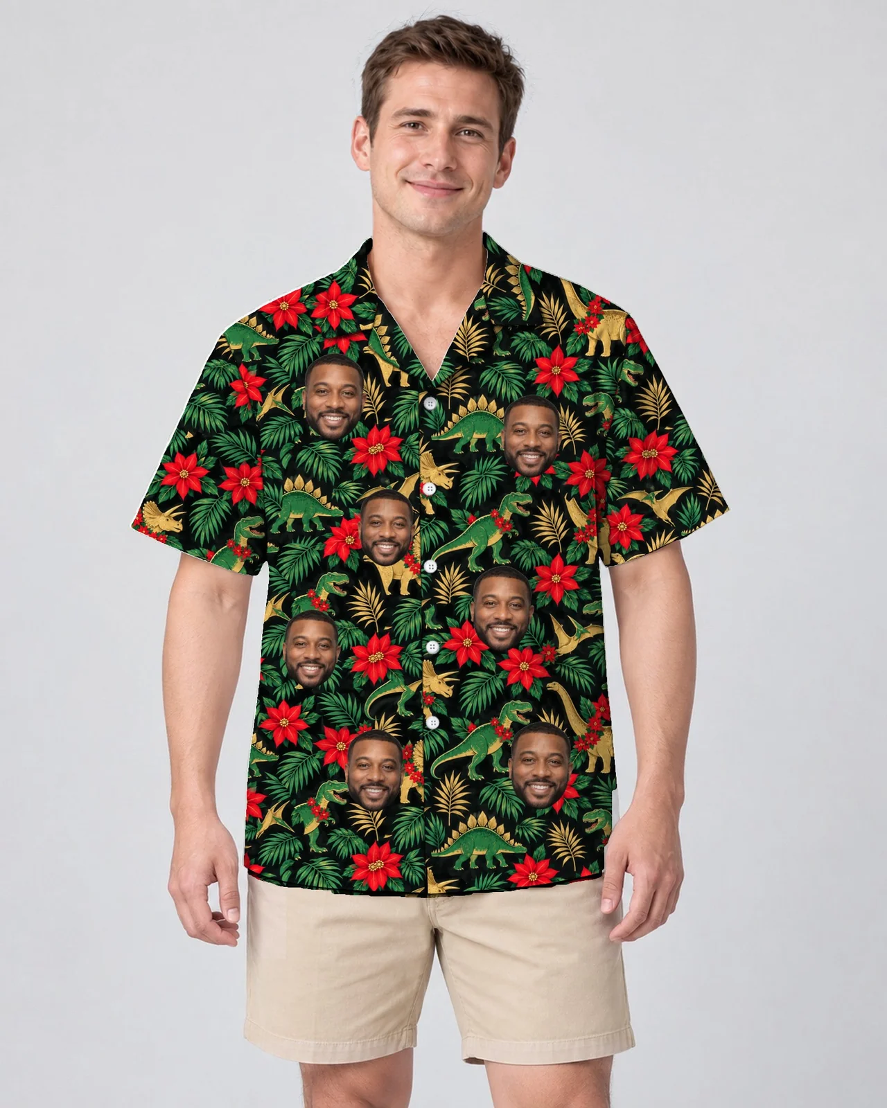 Man wearing the Tropical Dino Christmas Hawaiian Shirt with custom faces Man wearing the Tropical Dino Christmas Hawaiian Shirt with custom faces