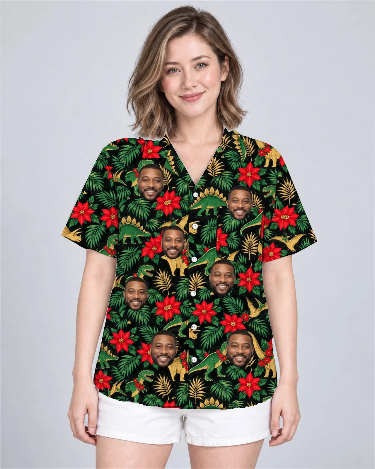 Woman wearing the Tropical Dino Christmas Hawaiian Shirt with custom faces Woman wearing the Tropical Dino Christmas Hawaiian Shirt with custom faces
