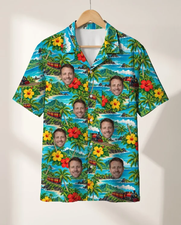 Tropical Rails Train Hawaiian Shirt personalized with faces, on a hanger