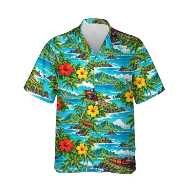 Tropical Rails Train Hawaiian Shirt, front view of the print