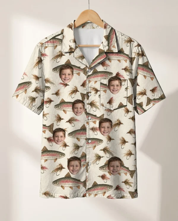 Trout & Flies Fishing Hawaiian Shirt personalized with faces, on a hanger
