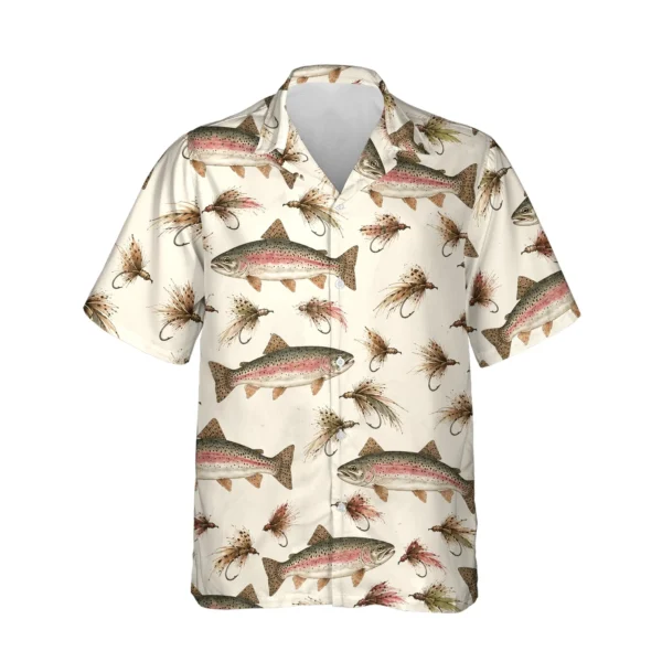 Trout & Flies Fishing Hawaiian Shirt, front view of the print