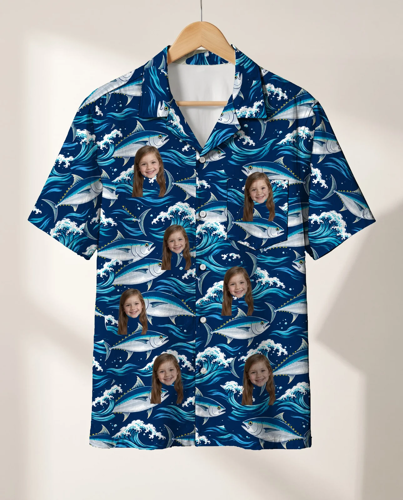 Tuna Waves Fishing Hawaiian Shirt personalized with faces, on a hanger Tuna Waves Fishing Hawaiian Shirt personalized with faces, on a hanger