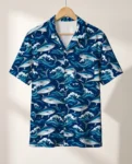 Tuna Waves Fishing Hawaiian Shirt, front view of the print