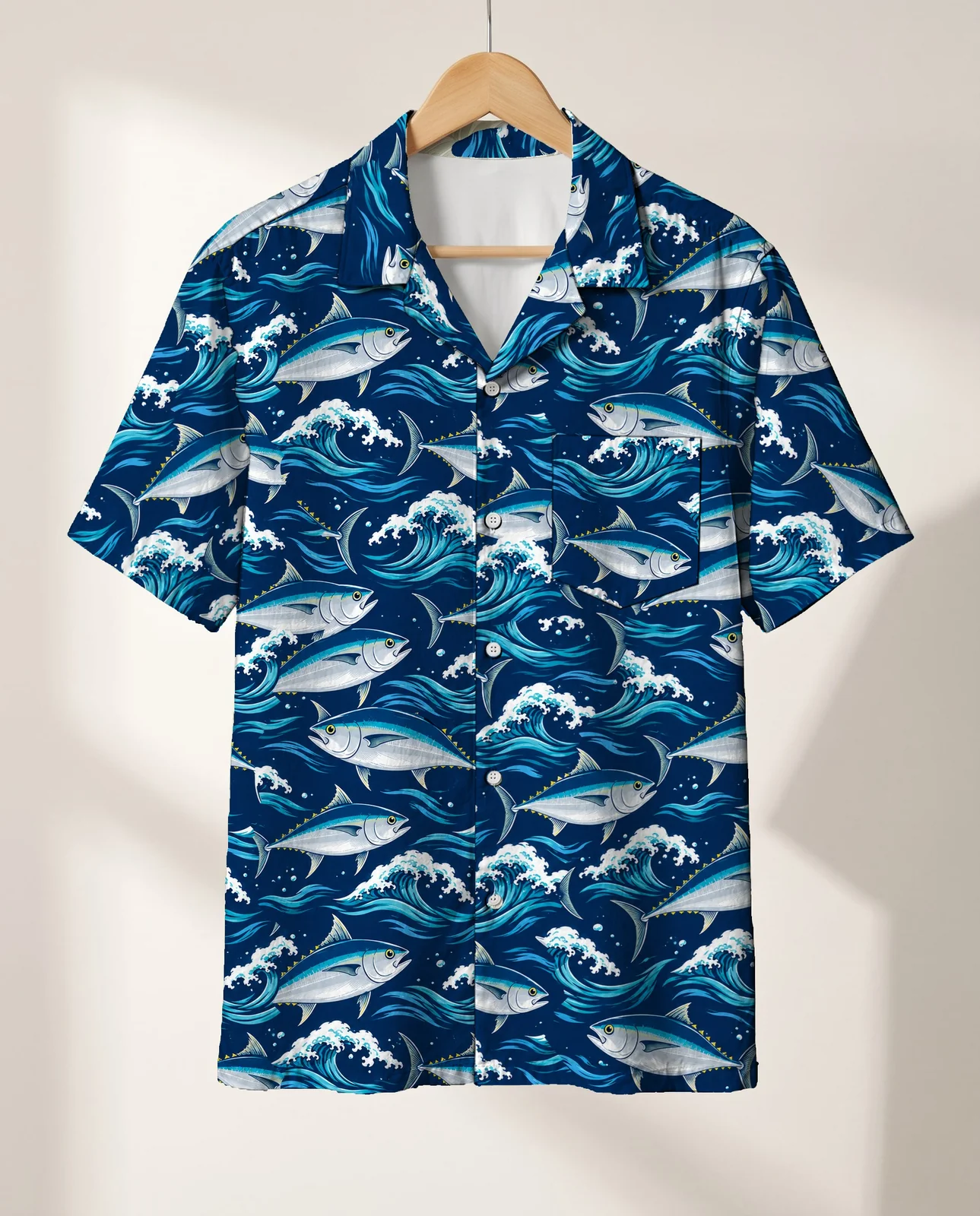 Tuna Waves Fishing Hawaiian Shirt on a hanger Tuna Waves Fishing Hawaiian Shirt on a hanger