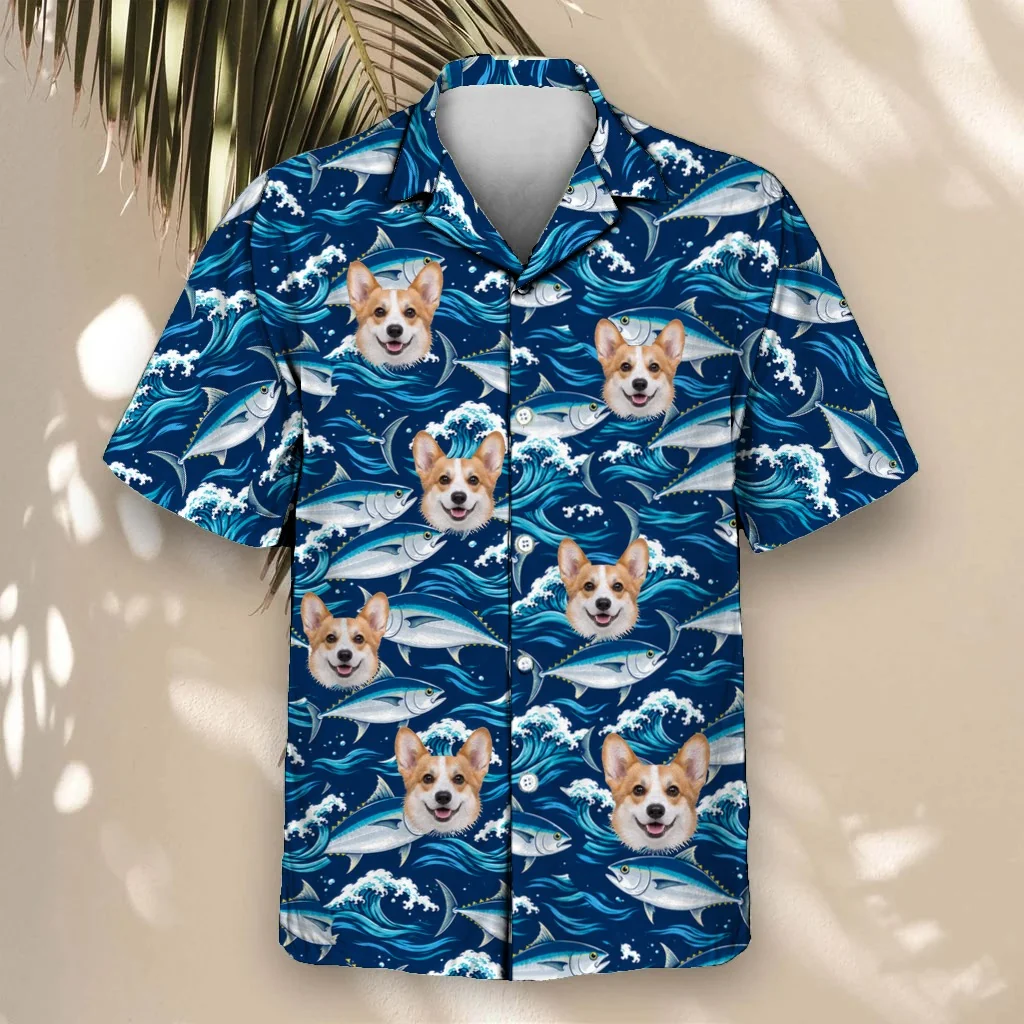 Tuna Waves Fishing Hawaiian Shirt with custom pet faces Tuna Waves Fishing Hawaiian Shirt with custom pet faces