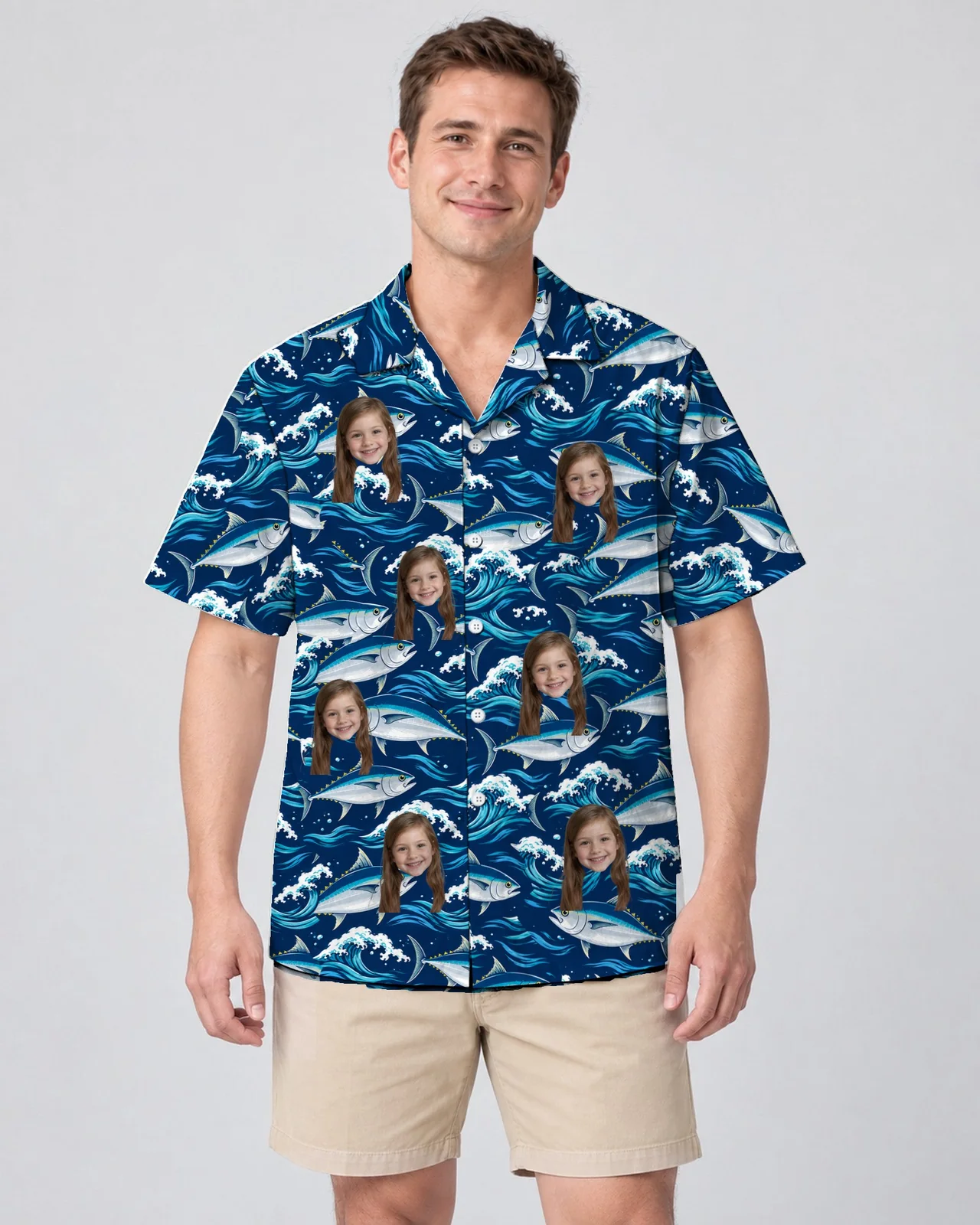 Man wearing the Tuna Waves Fishing Hawaiian Shirt with custom faces Man wearing the Tuna Waves Fishing Hawaiian Shirt with custom faces