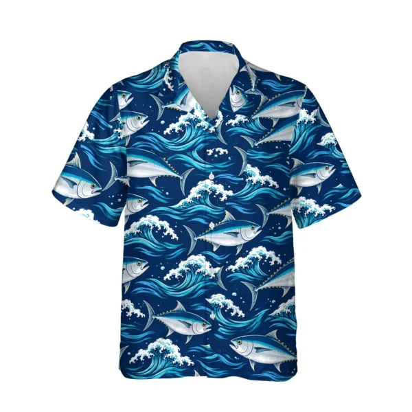 Tuna Waves Fishing Hawaiian Shirt, front view of the print