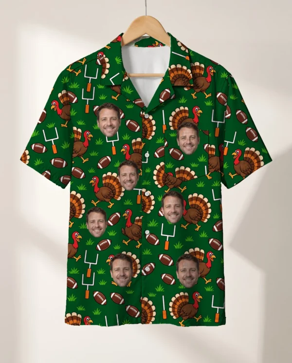 Turkey Bowl Football Thanksgiving Hawaiian Shirt personalized with faces, on a hanger
