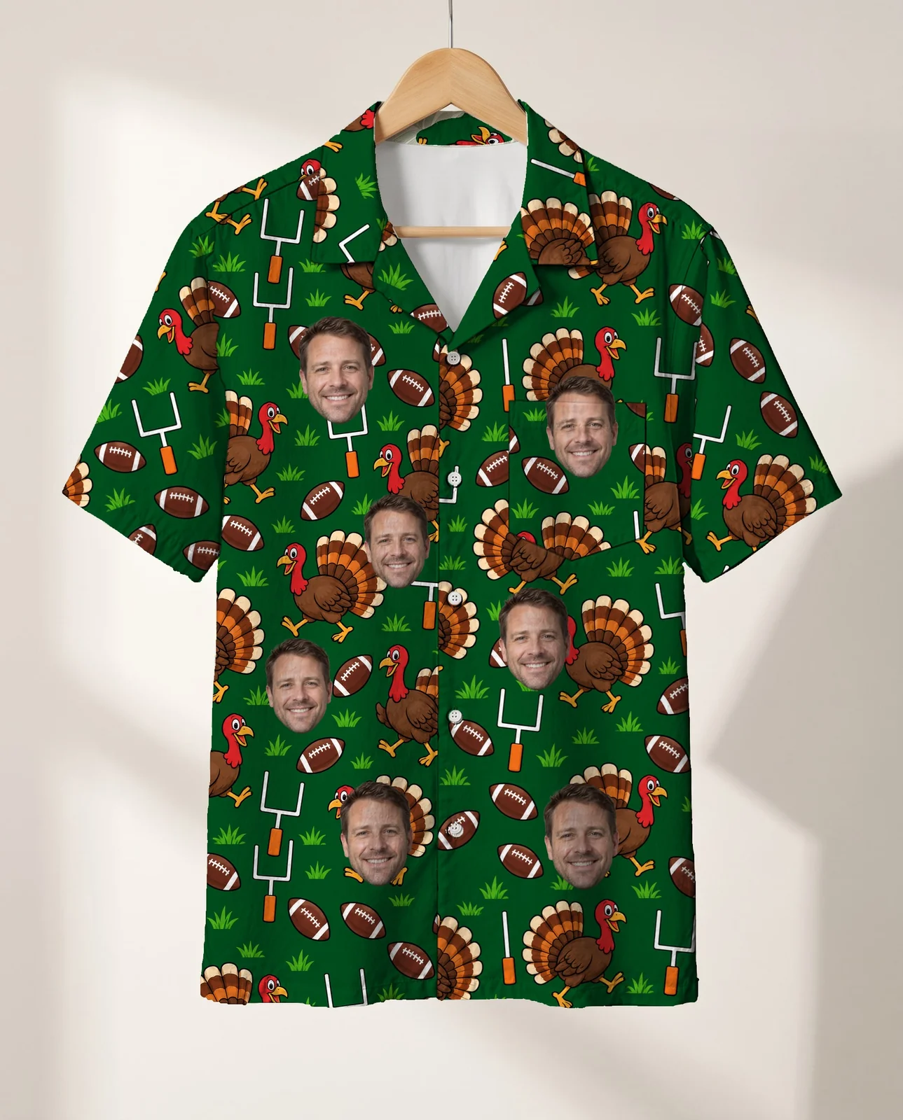 Turkey Bowl Football Thanksgiving Hawaiian Shirt personalized with faces, on a hanger Turkey Bowl Football Thanksgiving Hawaiian Shirt personalized with faces, on a hanger