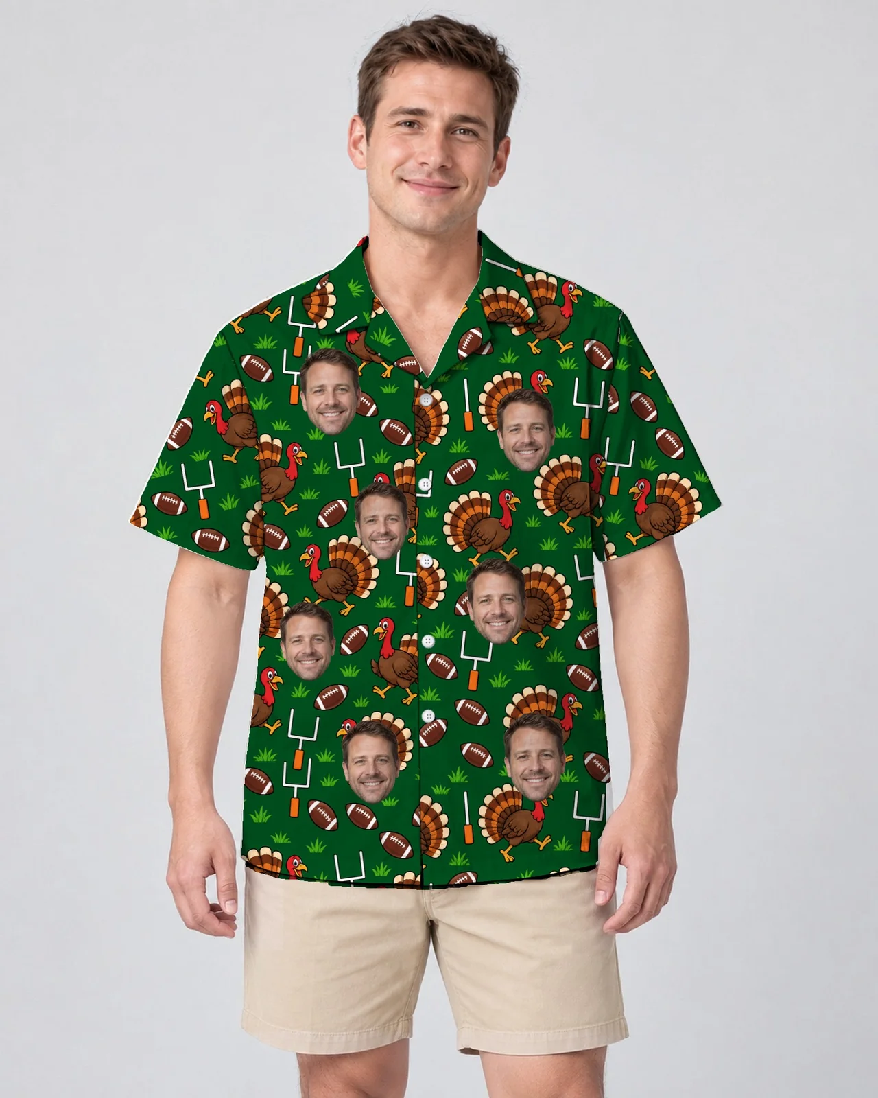 Man wearing the Turkey Bowl Football Thanksgiving Hawaiian Shirt with custom faces Man wearing the Turkey Bowl Football Thanksgiving Hawaiian Shirt with custom faces