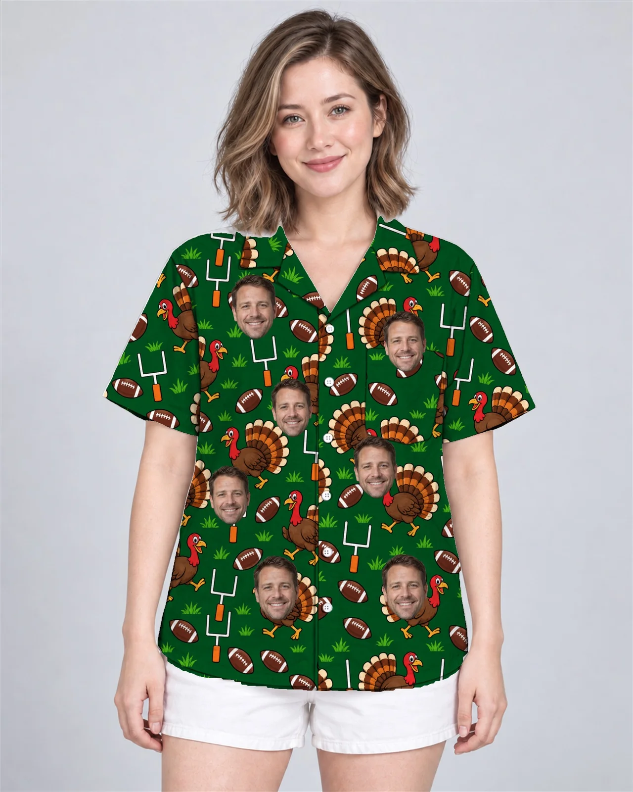 Woman wearing the Turkey Bowl Football Thanksgiving Hawaiian Shirt with custom faces Woman wearing the Turkey Bowl Football Thanksgiving Hawaiian Shirt with custom faces