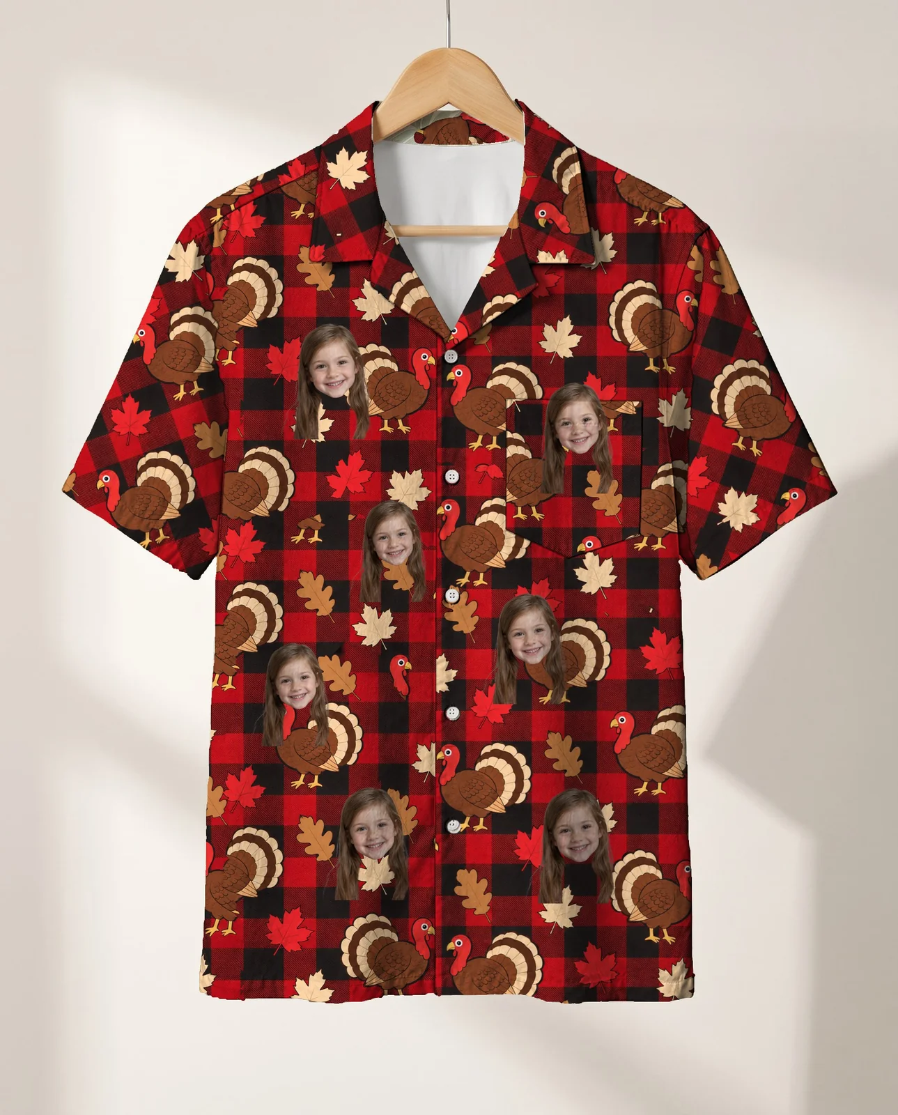 Turkey Buffalo Plaid Thanksgiving Hawaiian Shirt personalized with faces, on a hanger Turkey Buffalo Plaid Thanksgiving Hawaiian Shirt personalized with faces, on a hanger