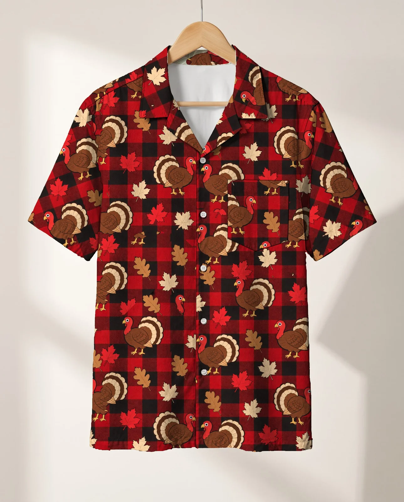 Turkey Buffalo Plaid Thanksgiving Hawaiian Shirt on a hanger Turkey Buffalo Plaid Thanksgiving Hawaiian Shirt on a hanger
