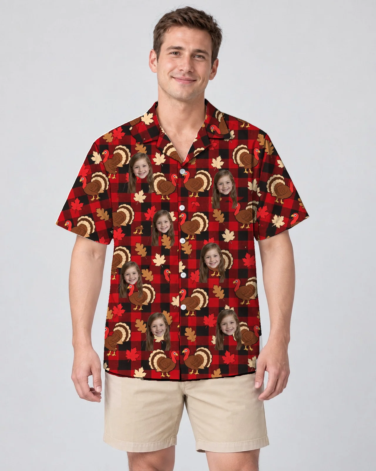 Man wearing the Turkey Buffalo Plaid Thanksgiving Hawaiian Shirt with custom faces Man wearing the Turkey Buffalo Plaid Thanksgiving Hawaiian Shirt with custom faces