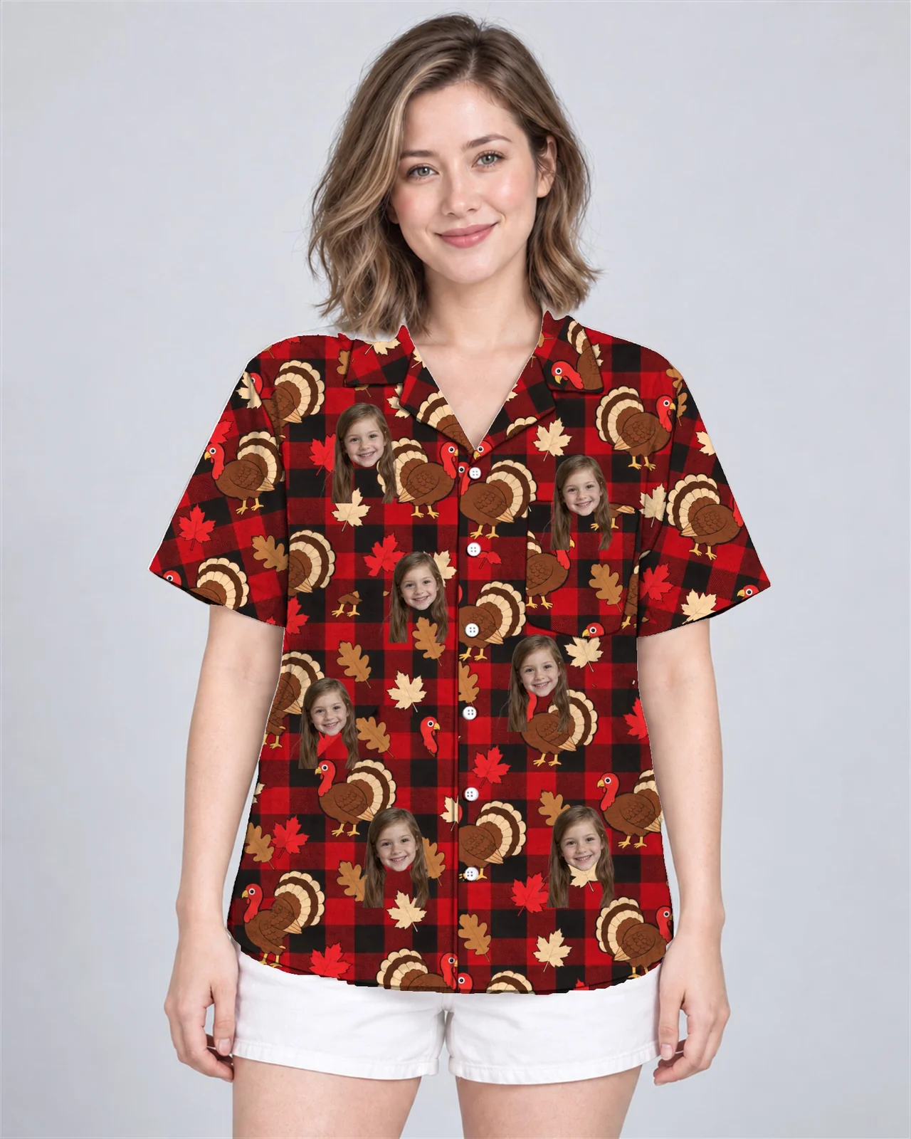 Woman wearing the Turkey Buffalo Plaid Thanksgiving Hawaiian Shirt with custom faces Woman wearing the Turkey Buffalo Plaid Thanksgiving Hawaiian Shirt with custom faces