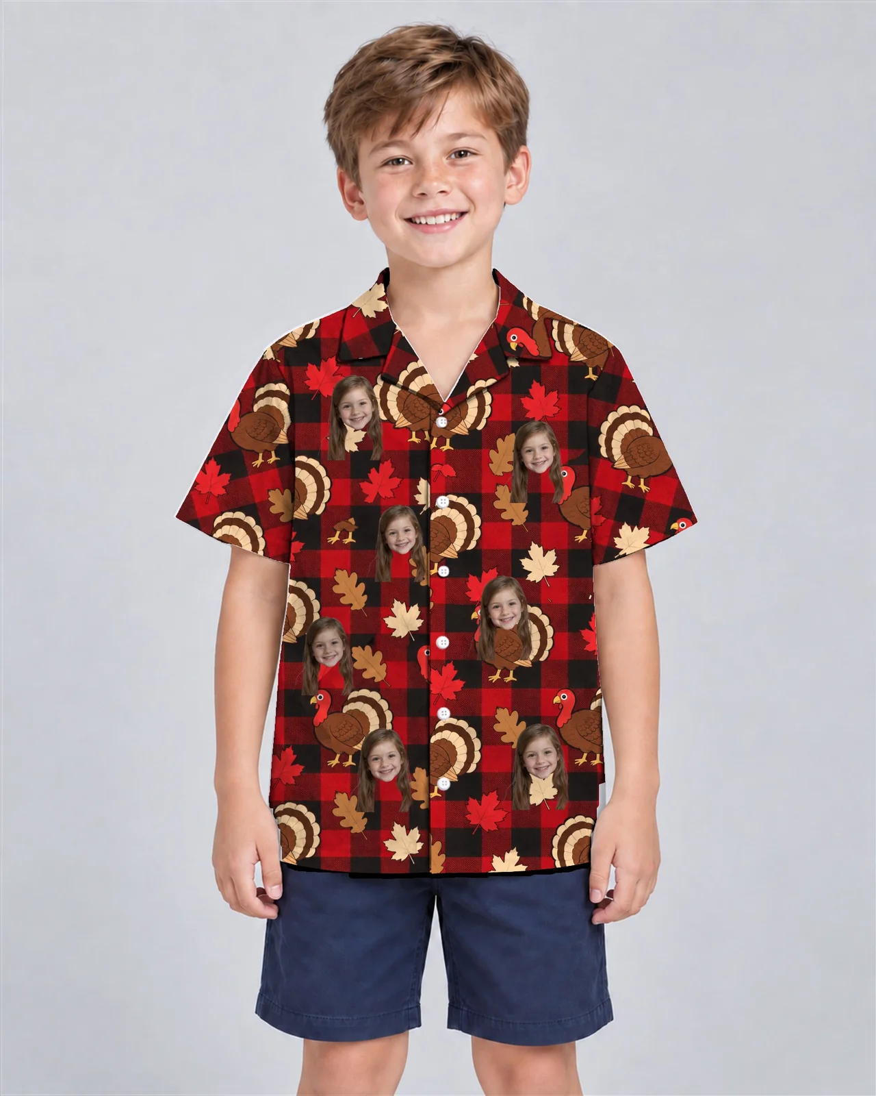 Kid wearing the Turkey Buffalo Plaid Thanksgiving Hawaiian Shirt with custom faces Kid wearing the Turkey Buffalo Plaid Thanksgiving Hawaiian Shirt with custom faces