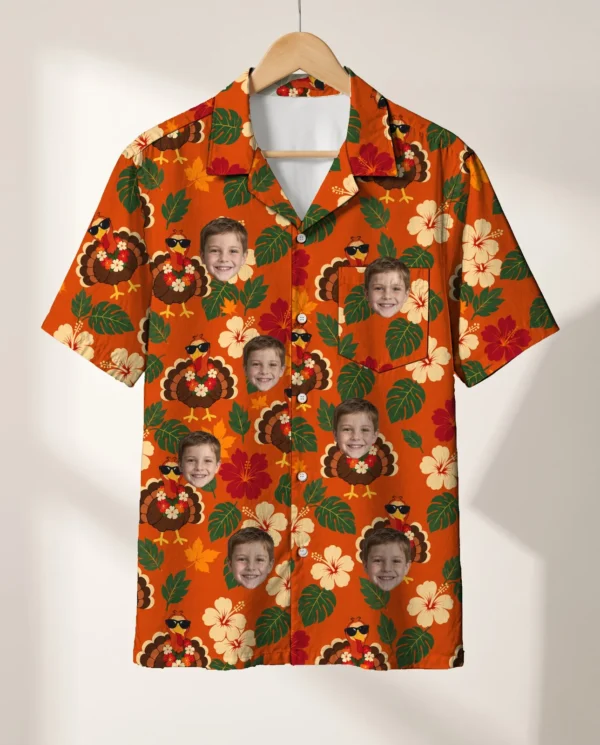 Turkey in Shades Thanksgiving Hawaiian Shirt personalized with faces, on a hanger