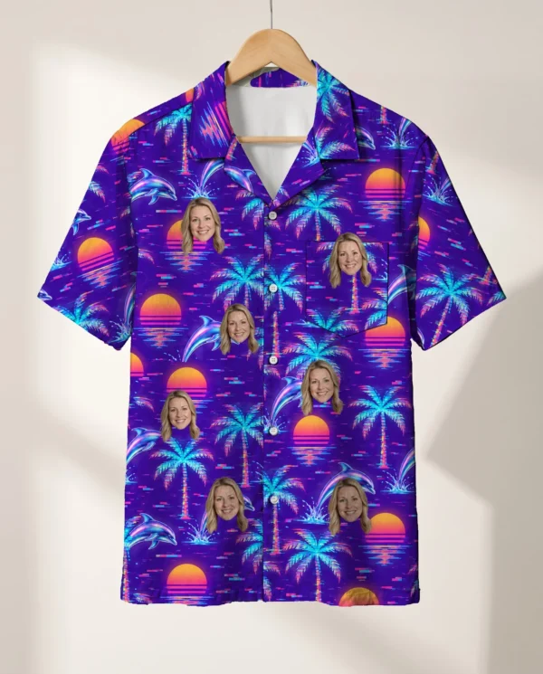 Vaporwave Palms Ugly Hawaiian Shirt personalized with faces, on a hanger