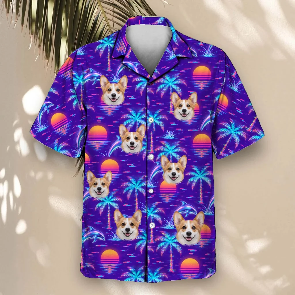Vaporwave Palms Ugly Hawaiian Shirt with custom pet faces Vaporwave Palms Ugly Hawaiian Shirt with custom pet faces