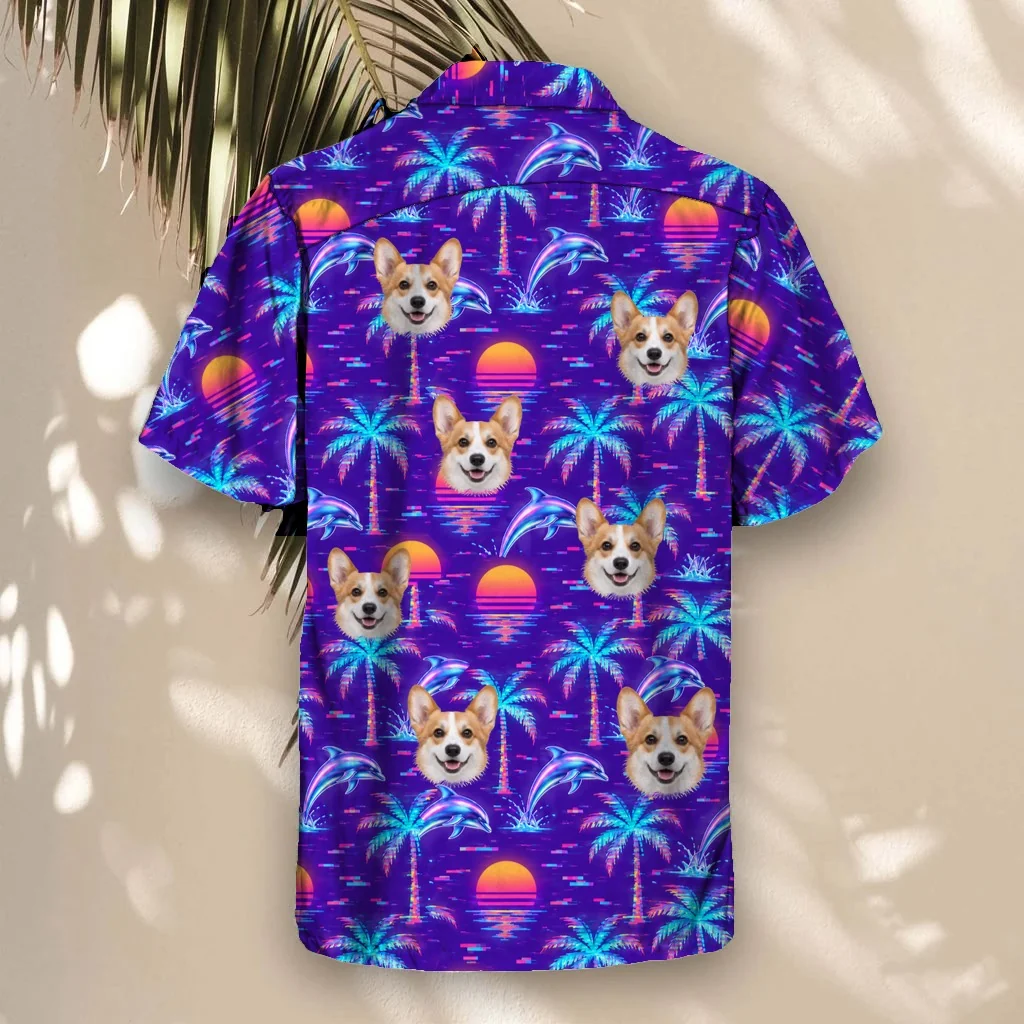 Back of the Vaporwave Palms Ugly Hawaiian Shirt with custom pet faces Back of the Vaporwave Palms Ugly Hawaiian Shirt with custom pet faces