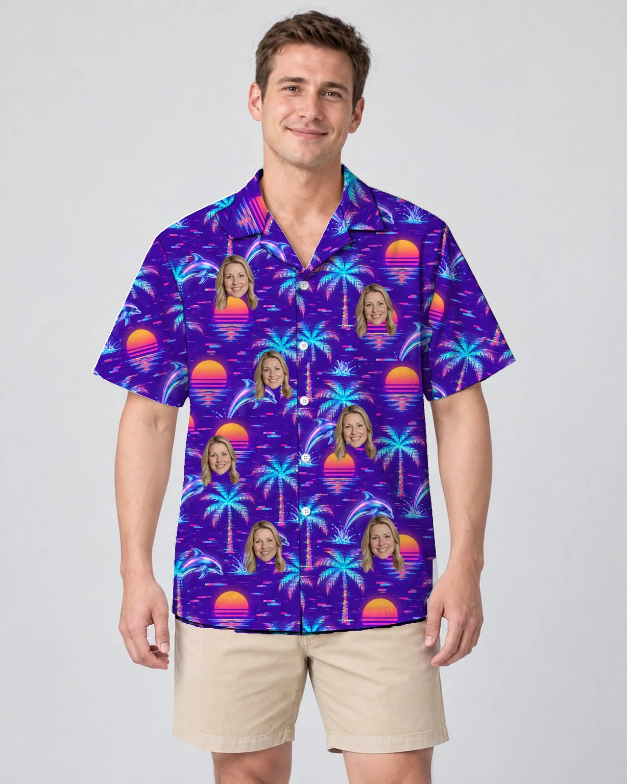 Man wearing the Vaporwave Palms Ugly Hawaiian Shirt with custom faces Man wearing the Vaporwave Palms Ugly Hawaiian Shirt with custom faces