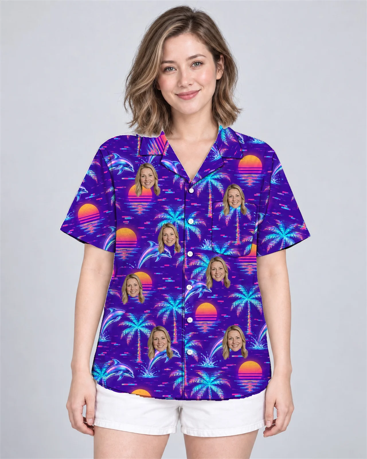 Woman wearing the Vaporwave Palms Ugly Hawaiian Shirt with custom faces Woman wearing the Vaporwave Palms Ugly Hawaiian Shirt with custom faces