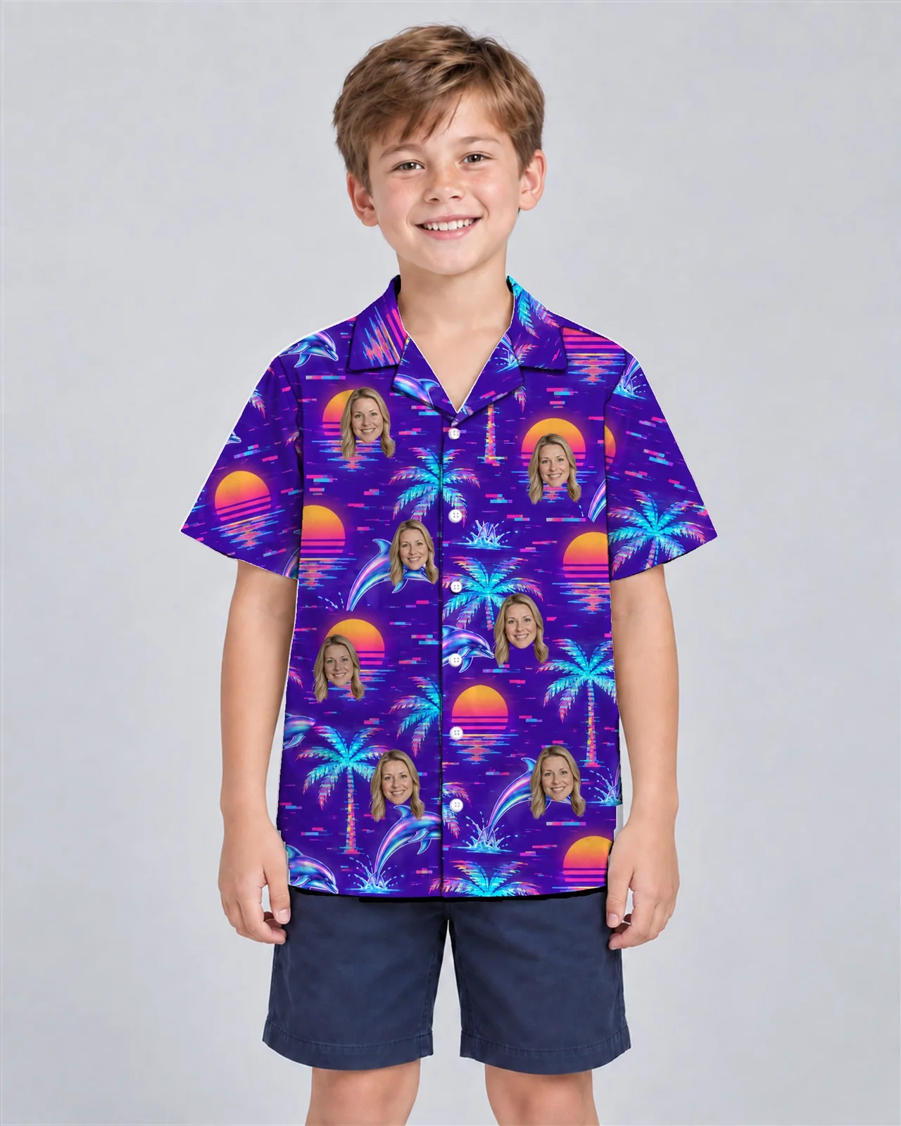 Kid wearing the Vaporwave Palms Ugly Hawaiian Shirt with custom faces Kid wearing the Vaporwave Palms Ugly Hawaiian Shirt with custom faces