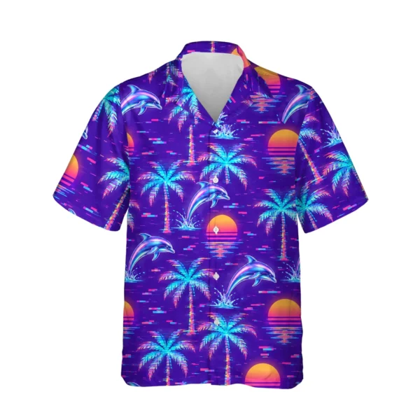 Vaporwave Palms Ugly Hawaiian Shirt, front view of the print