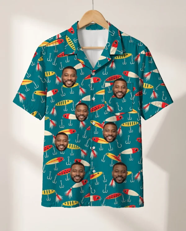 Vintage Lures Fishing Hawaiian Shirt personalized with faces, on a hanger