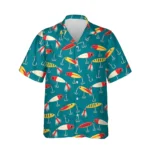 Vintage Lures Fishing Hawaiian Shirt, front view of the print