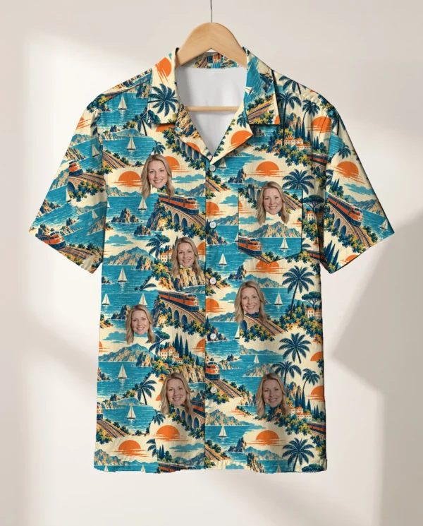 Vintage Rail Travel Train Hawaiian Shirt personalized with faces, on a hanger