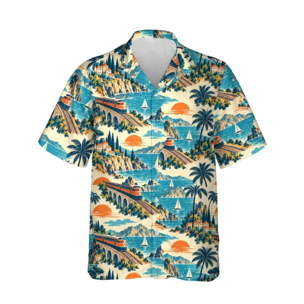 Vintage Rail Travel Train Hawaiian Shirt, front view of the print