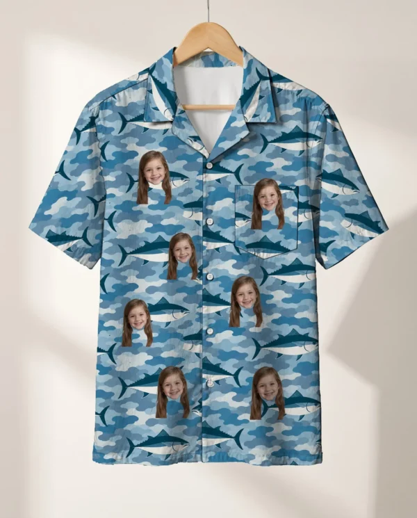 Water Camo Fishing Hawaiian Shirt personalized with faces, on a hanger