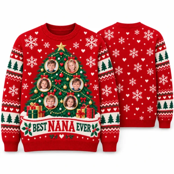 Best Nana Ever Christmas Sweater With Grandkids Photos front and back