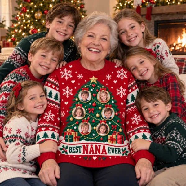 Best Nana Ever Christmas Sweater With Grandkids Photos worn at Christmas