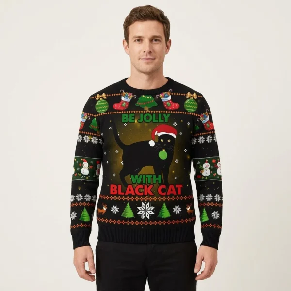 Black Cat Be Jolly Ugly Christmas Sweatshirt Animal Theme Cat Gift ForCat Lovers