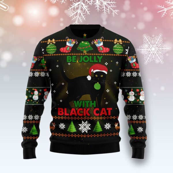 Black Cat Be Jolly Ugly Christmas Sweatshirt Animal Theme Cat Gift ForCat Lovers
