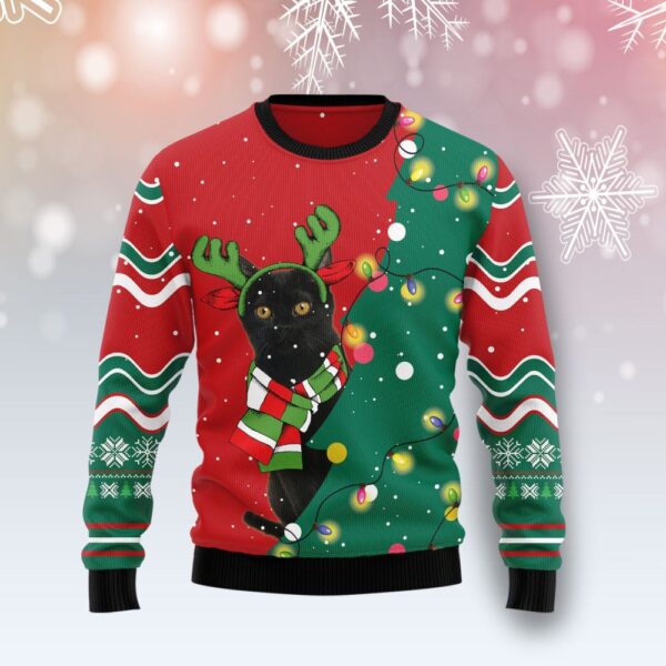 Black Cat Christmas Tree Ugly Christmas Sweatshirt Christmas Apparel Unique Cat Gifts