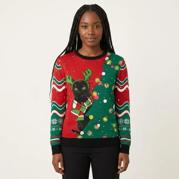 Black Cat Christmas Tree Ugly Christmas Sweatshirt Christmas Apparel Unique Cat Gifts