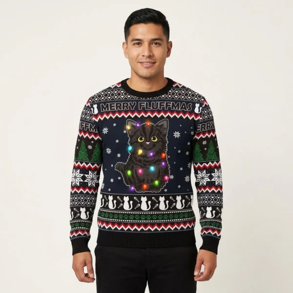 Black Cat Fluffmas Christmas Sweatshirt Holiday Apparel Cool Gift ForCat Owners AI Model Photo