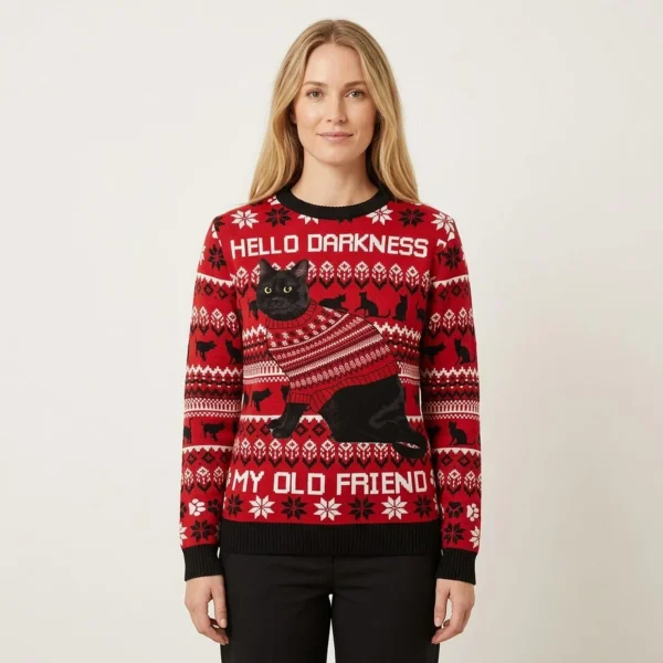 Black Cat Hello Darkness My Old Friend Christmas Sweatshirt Holiday Apparel GiftCat Lovers AI Model Photo