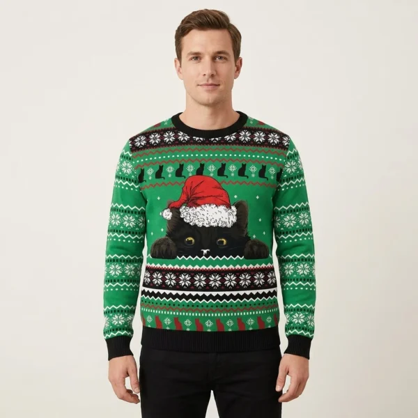 Black Cat Hide Christmas Sweatshirt Holiday Clothing Gift ForNew Cat Owners AI Model Photo