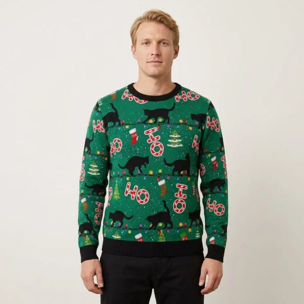 Black Cat Ho Ho Ho Christmas Sweatshirt Christmas Apparel Things For Cat Lovers AI Model Photo