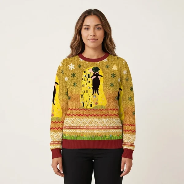 Black Cat In Golden Artwork Christmas Ugly Sweater Christmas Outfits Cat Owner Xmas Gifts AI Model Photo