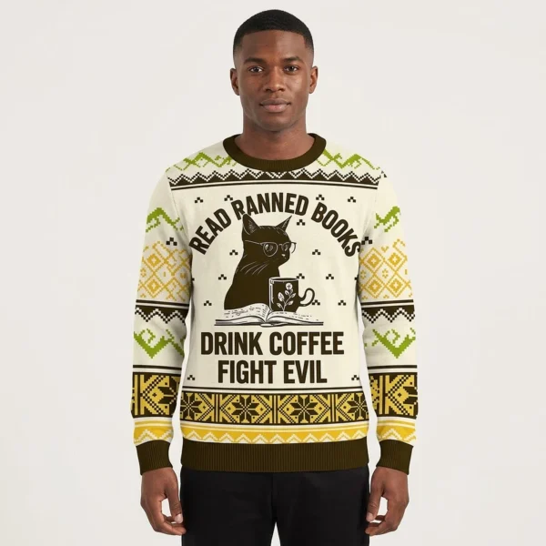 Black Cat Read Books Christmas Ugly Sweater Gift ForBlack Cat Lovers AI Model Photo