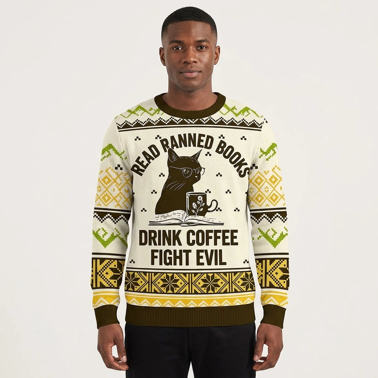 Black Cat Read Books Christmas Ugly Sweater Gift ForBlack Cat Lovers AI Model Photo Black Cat Read Books Christmas Ugly Sweater Gift ForBlack Cat Lovers AI Model Photo