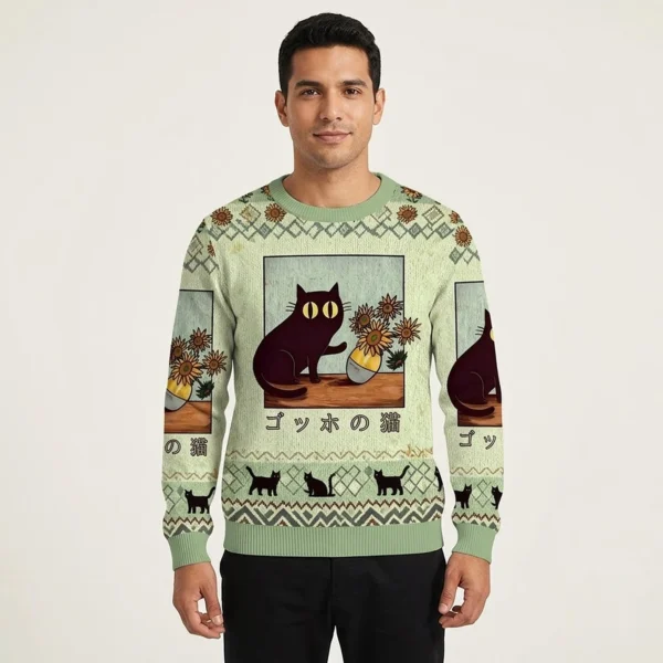 Black Cat Sunflower Ugly Sweater Japanese Art Animal Themed Clothing Gift ForCat Owners AI Model Photo